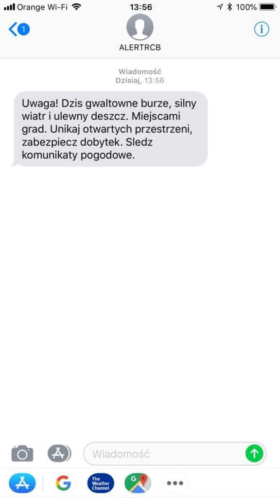 Treść SMS od ALERT RCB