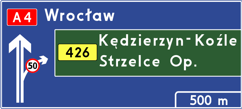 Znak E-1a: tablica przeddrogowskazowa na autostradzie