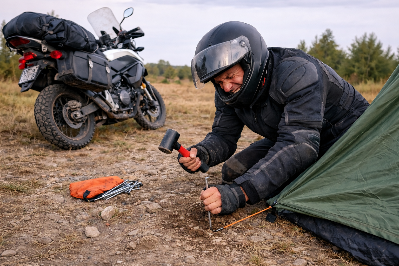 Pojechał motocyklem pod namiot. Nie pomógł mu but i kamień, a stary sposób ojca